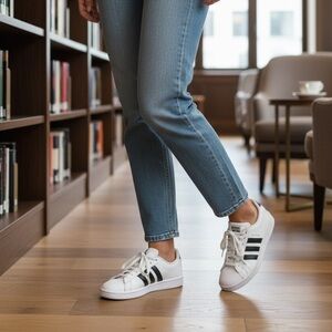 Adidas Womens Cloudfoam Athletic Shows White with Black Stripes Size 6.5